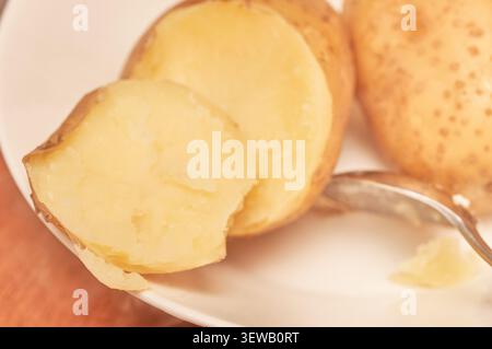 Close up of fresh golden root vegetables featuring a fluffy steamed spud and roasted wedges with creamy mayonnaise and ketchup on a white ceramic dish Stock Photo