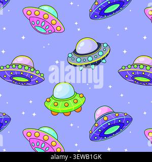 Cute UFO seamless pattern on isolated purple background. Cartoon alien spaceships and stars. Hand drawn vector illustration for kids fabric, nursery textiles, pajamas, wrapping paper, wallpaper. Stock Vector
