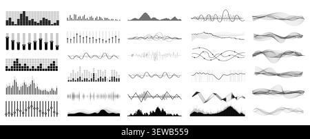 Vector set music equalizer, sound waves set. Audio digital equalizer technology, console panel, pulse musical. Audio wave music animation.  Stock Vector