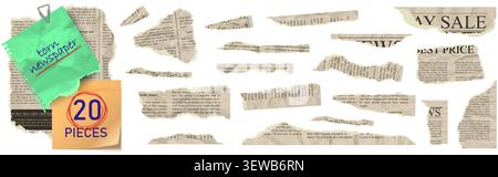 Vintage torn newspaper note pieces set featuring jagged rip edge effect. Crumpled sheet template with dummy text and red pen oval scribble underline. Stock Vector