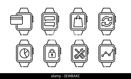 Set of 8 smartwatch device icons: minimalist black line smart watch vectors with credit card, online chat, business analytics, and system repair scree Stock Vector