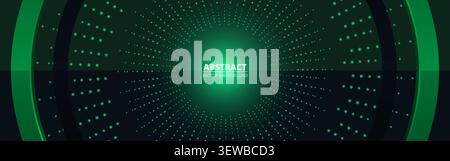 Abstract green dotted radial tunnel background with glowing center, concentric arcs, and symmetrical futuristic light pattern for technology, digital Stock Vector