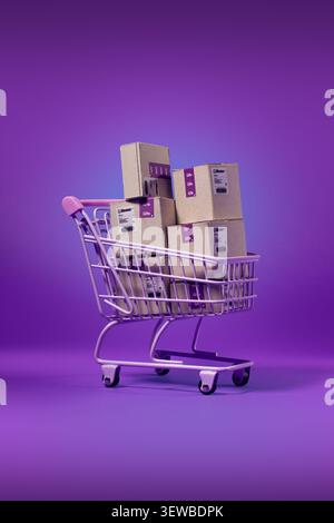 A stylish photograph of a single lavender-colored miniature shopping cart completely overflowing with small cardboard parcel boxes. Stock Photo