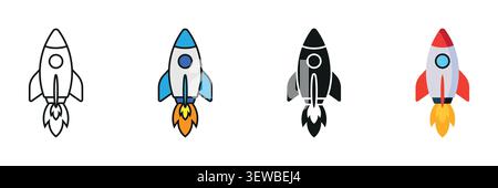 Rocket icon launching upward symbolizing Startup, Growth, Business Innovation, Space Shuttle Takeoff, solid, outline and Colorful Vector Illustration Stock Vector