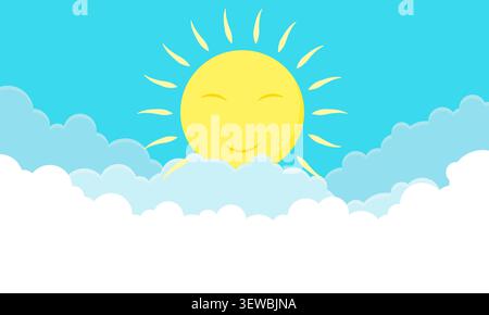 Cheerful Cartoon Sun Peeking Behind Fluffy Clouds Stock Vector