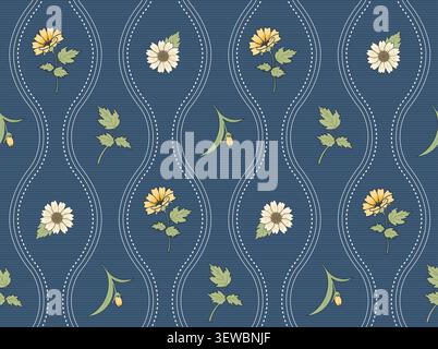 Seamless pattern in denim style featuring vintage daisy flowers and stitched wavy lines on a dark blue textured background. Stock Vector