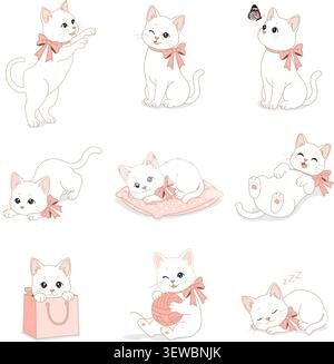 Cute white kitten cartoon characters set in different poses with pink ribbon Stock Vector