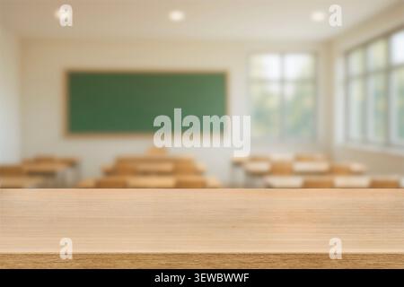 Empty wooden tabletop with blurred classroom background featuring a green chalkboard. Back to school mockup for education product display. Stock Photo