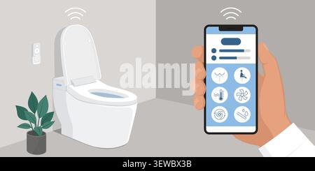 User holding a smartphone and setting the smart toilet functions, technology and hygiene concept Stock Vector