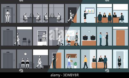 Automated AI robots replacing human workers in a corporate office: the impact of AI and automation on jobs Stock Vector