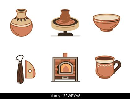 Pottery and ceramic icon set with clay vase, pottery wheel, kiln and mug vector Stock Vector