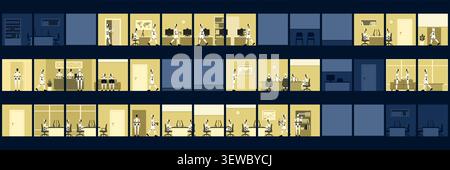 Autonomous humanoid AI robots working in offices inside a corporate building, there are no human workers: the impact of AI on work and employment Stock Vector