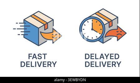Fast and delayed delivery icon set with shipping package and logistics symbols vector Stock Vector