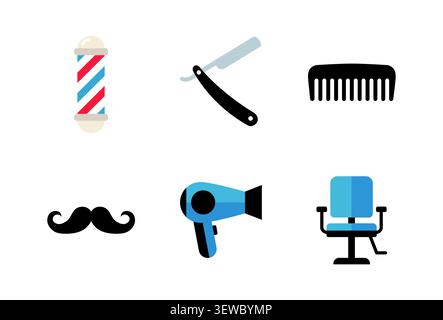 Barbershop and hairstyling icon set with razor, comb, hairdryer and salon chair vector Stock Vector