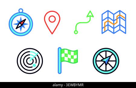 Navigation and location icon set with compass, map, route and destination symbols vector Stock Vector