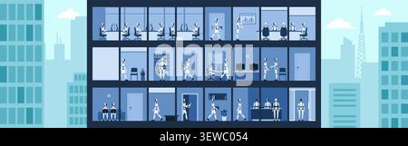 Autonomous humanoid AI robots working in offices inside a corporate building, there are no human workers: the impact of AI on work and employment Stock Vector