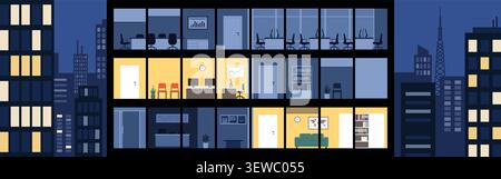 Empty corporate building at night, office interiors with no people, skyscraper facade Stock Vector