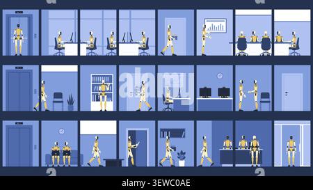 Autonomous humanoid AI robots working in offices inside a corporate building, there are no human workers: the impact of AI on work and employment Stock Vector