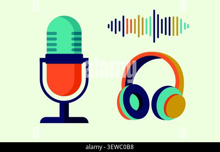 Audio recording icon set with microphone, headphones and sound wave vector Stock Vector