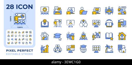 Online learning pixel perfect line color icons set Stock Vector