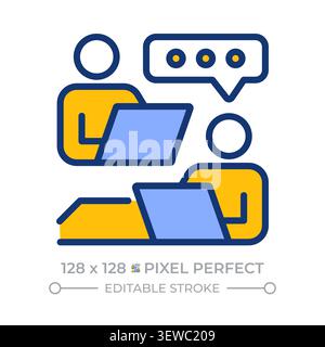 Remote employees communication pixel perfect line color icon Stock Vector