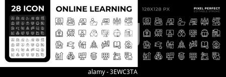 Online learning pixel perfect black and white line icons set Stock Vector