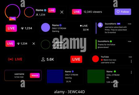 Instagram, YouTube, Twitch and Kick live stream notification and overlay template vector Stock Vector