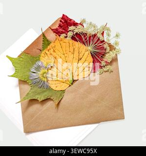 Autumn Composition with Envelope, Dried Leaves on Light Background Stock Photo