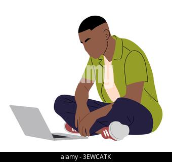 Young black man sits cross-legged on floor. Stock Vector