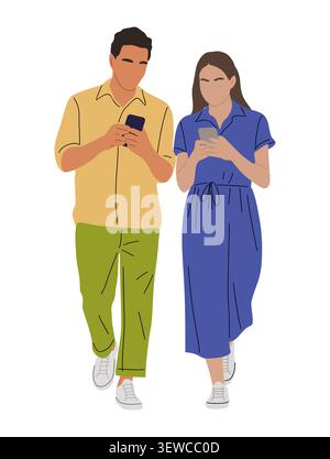 Man and woman walk side by side with phones Stock Vector