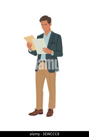 Business Man in blazer reads documents attentively Stock Vector