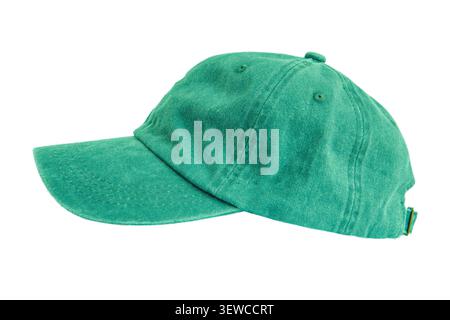 Green Baseball Cap Hat isolated on white background. Stock Photo