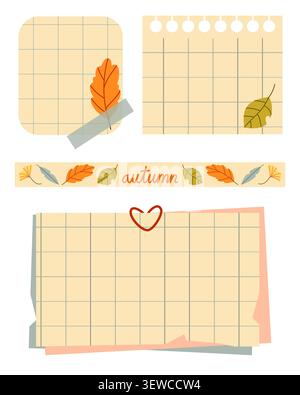 Autumn Notebook Paper and Washi Tape Sticker Set Stock Vector