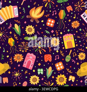 Cute Festa Junina Vector Seamless Pattern with Sunflowers, Straw Hat, Accordion, Corn, Brazilian Festival Illustrations on Dark Background for Invitat Stock Vector