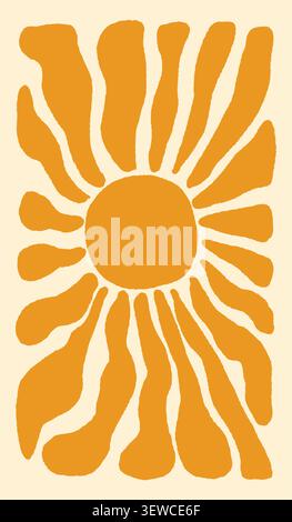 Retro Groovy Summer Vector Textured Sun Background, Abstract Boho Wavy Beach Illustration Wallpaper Stock Vector