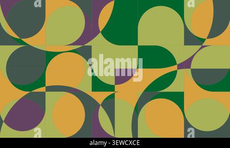 Abstract geometric mosaic with overlapping circles, arcs, blocks, and bold retro colors in green, olive, orange, purple, and slate, creating dynamic Stock Vector