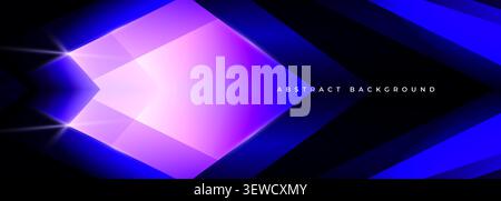 Glowing purple and blue geometric abstract background design with layered diagonal shapes, bright light flares, dark contrast, and spacious modern Stock Vector