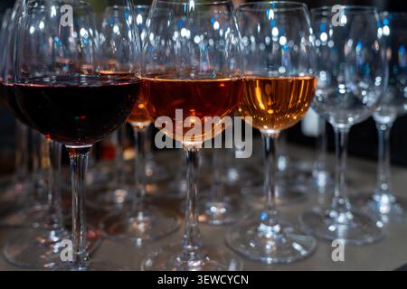 Rows of elegant red wine glasses filled with ruby wine at a tasting. Sophisticated hospitality, fine dining, and winery culture backdrop. Stock Photo