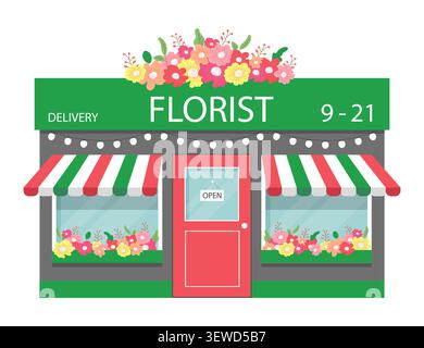 Florist shop storefront colorful illustration with flowers. Isolated on white background. Vector design. Stock Vector