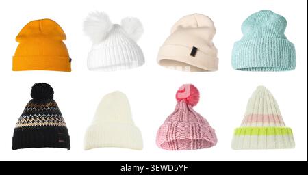 Different knitted hats isolated on white, set Stock Photo