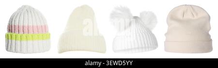 Different knitted hats isolated on white, set Stock Photo