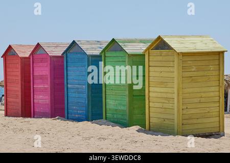 Colorful wooden cabins on Patacona beach in Valencia, Spain. Stock Photo