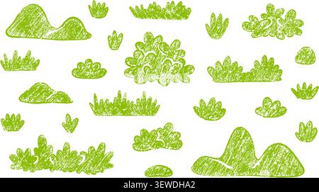 Set of cute childish crayon doodle green grass, bush, hill. Pastel kid hand drawn background. Chalk, pencil nature landscape. Spring, summer field, ga Stock Vector