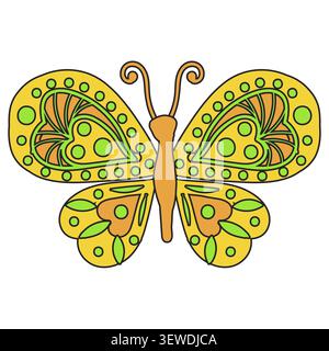 Yellow butterfly with light green and orange patterns in cartoon style with a black outline. Vector illustration isolated on a Stock Vector