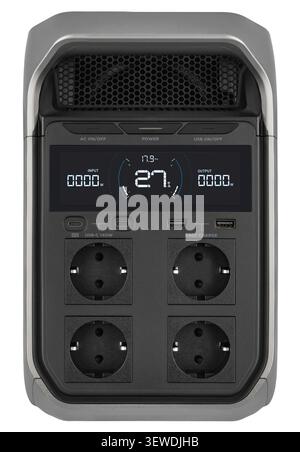 High-capacity portable power station for camping, travel, and emergency situations. Stock Photo