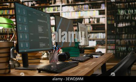 Desktop monitors with blue screen and AI chatbot in library workspace, data automation and abstract display background at desk. Wooden table with headphones and stack of books. Stock Photo