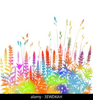 colored Grass and lupine flowers silhouette vector isolated on white background nature design illustration of grass plant pattern greenery artwork Stock Vector