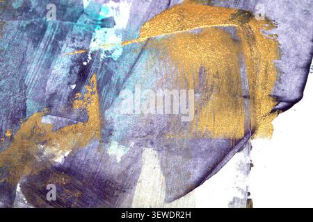 Blue, purple, gold metallic paint strokes vibrant background texture Stock Photo