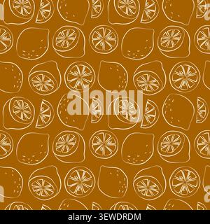 Hand-drawn seamless background with sliced lemon in line art style for grocery shop, farmers market, summer packaging, event decor Stock Vector