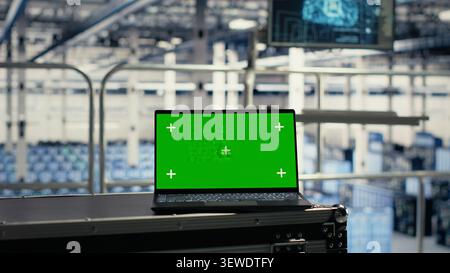 Technology specialist uses a green screen laptop in a server room for AI workflow and screen replacement. Stock Photo